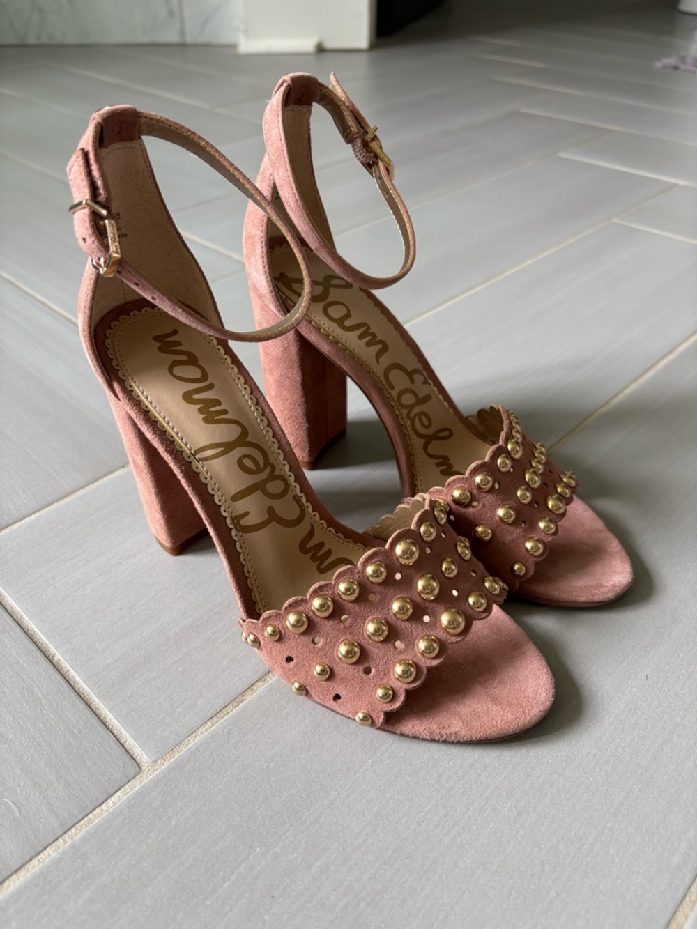 Sam Edelman Yaria Suede Studded Block Heel Sandals | Dusty Rose
